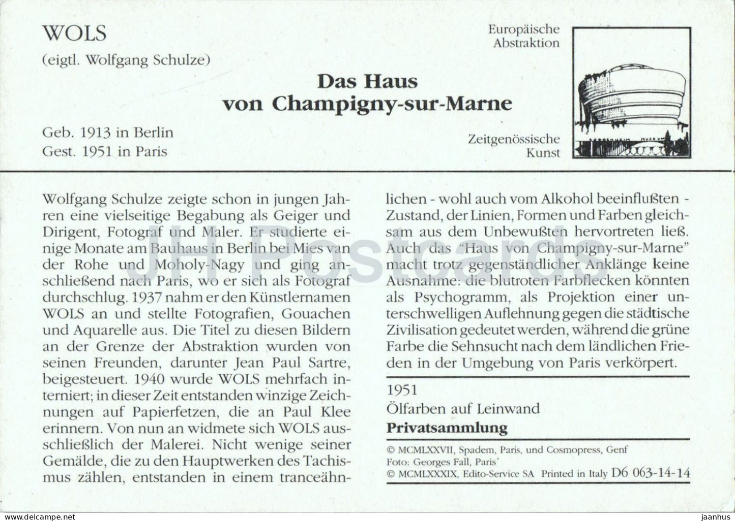 painting by Wols - Das Haus von The House at Champigny-sur-Marne - German art - 1989 - Italy - unused