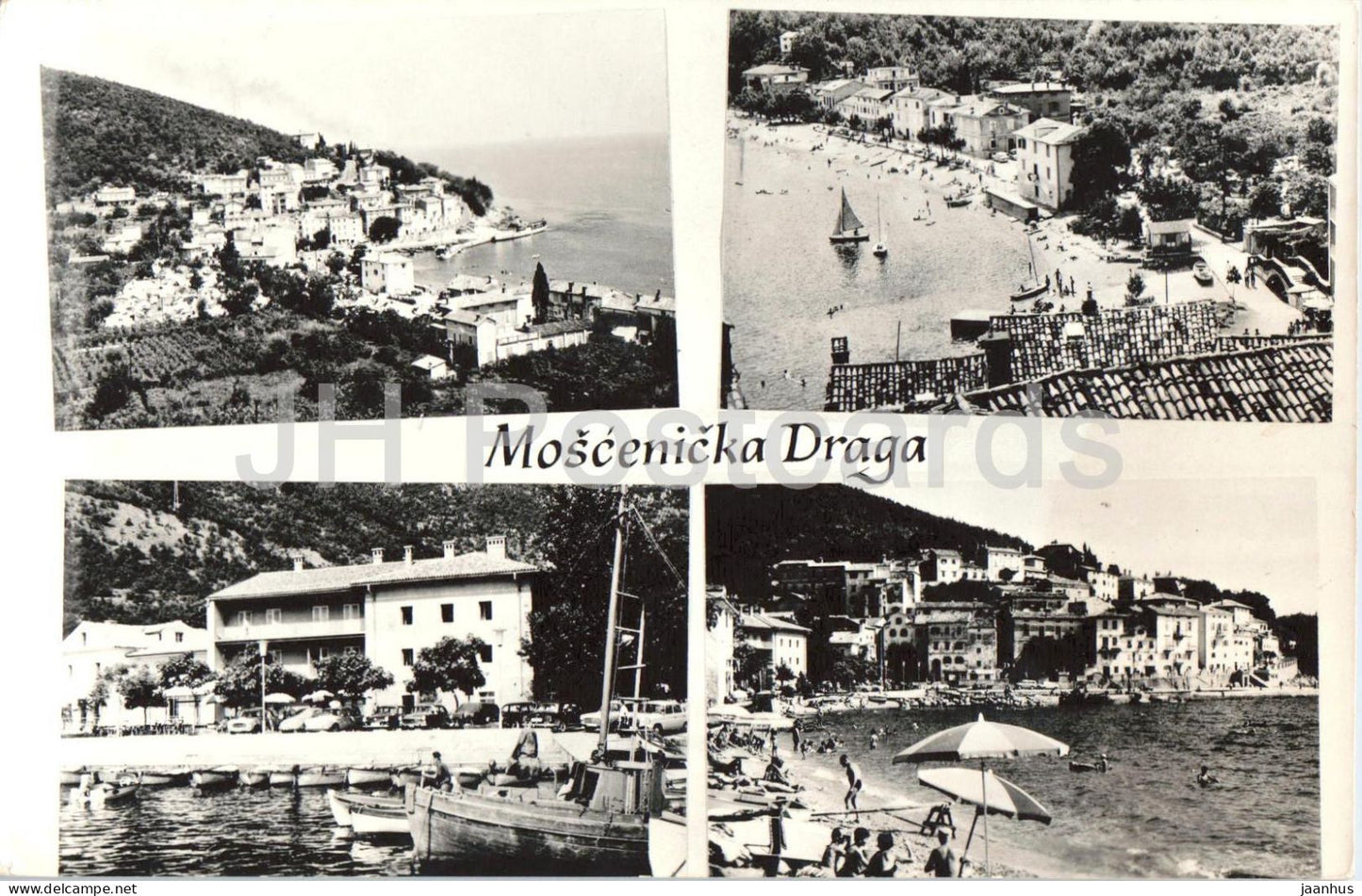Moscenicka Draga - coastal town - harbor - beach - boats - multiview - old postcard - Croatia Yugoslavia - used - JH Postcards