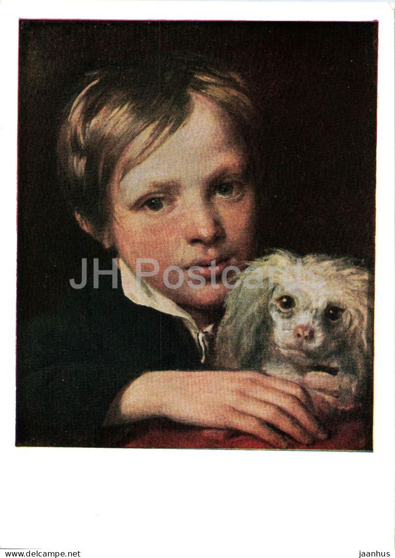 painting by Alexander Varnek - Boy with a Lapdog - dog - Russian art - old postcard - 1958 - Russia USSR - unused - JH Postcards