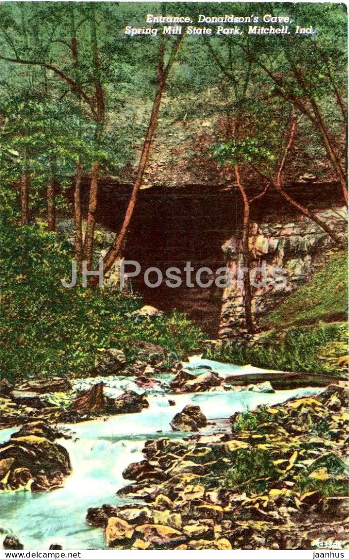 Entrance Donaldson's Cave Spring Mill State Park Mitchell Ind. - creek - forest - landscape - USA - unused - JH Postcards