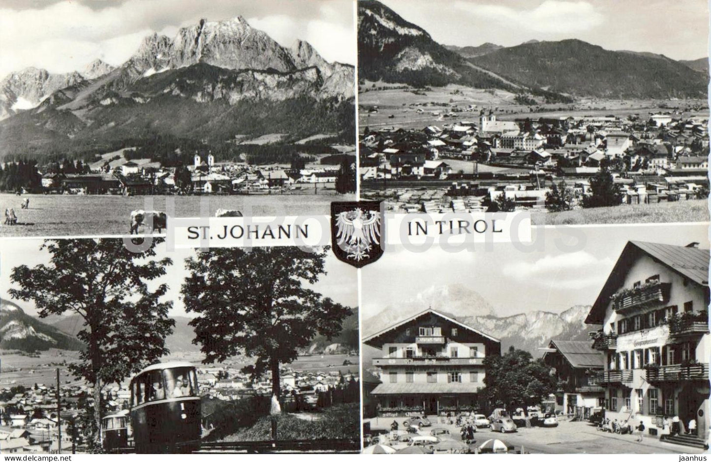 St. Johann in Tirol - town view - alpine town - mountains - multiview - 1964 - Austria - used - JH Postcards