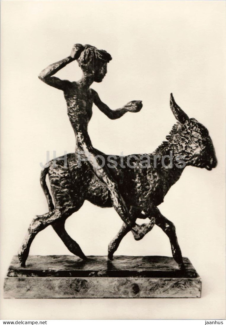 sculpture by Renee Sintenis - Boy Riding a Donkey - Junge auf dem Esel reitend - donkey - German art - Germany - unused - JH Postcards