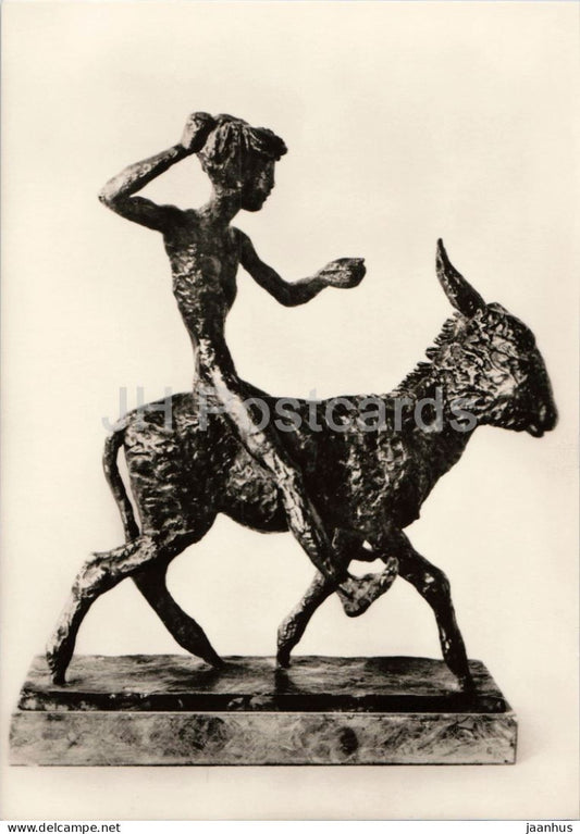 sculpture by Renee Sintenis - Boy Riding a Donkey - Junge auf dem Esel reitend - donkey - German art - Germany - unused - JH Postcards