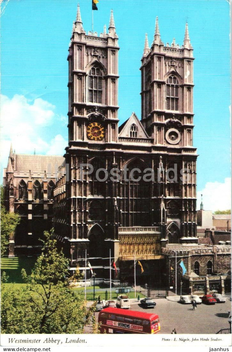 London - Westminster Abbey - twin towers facade - bus - 1974 - England - United Kingdom - used - JH Postcards