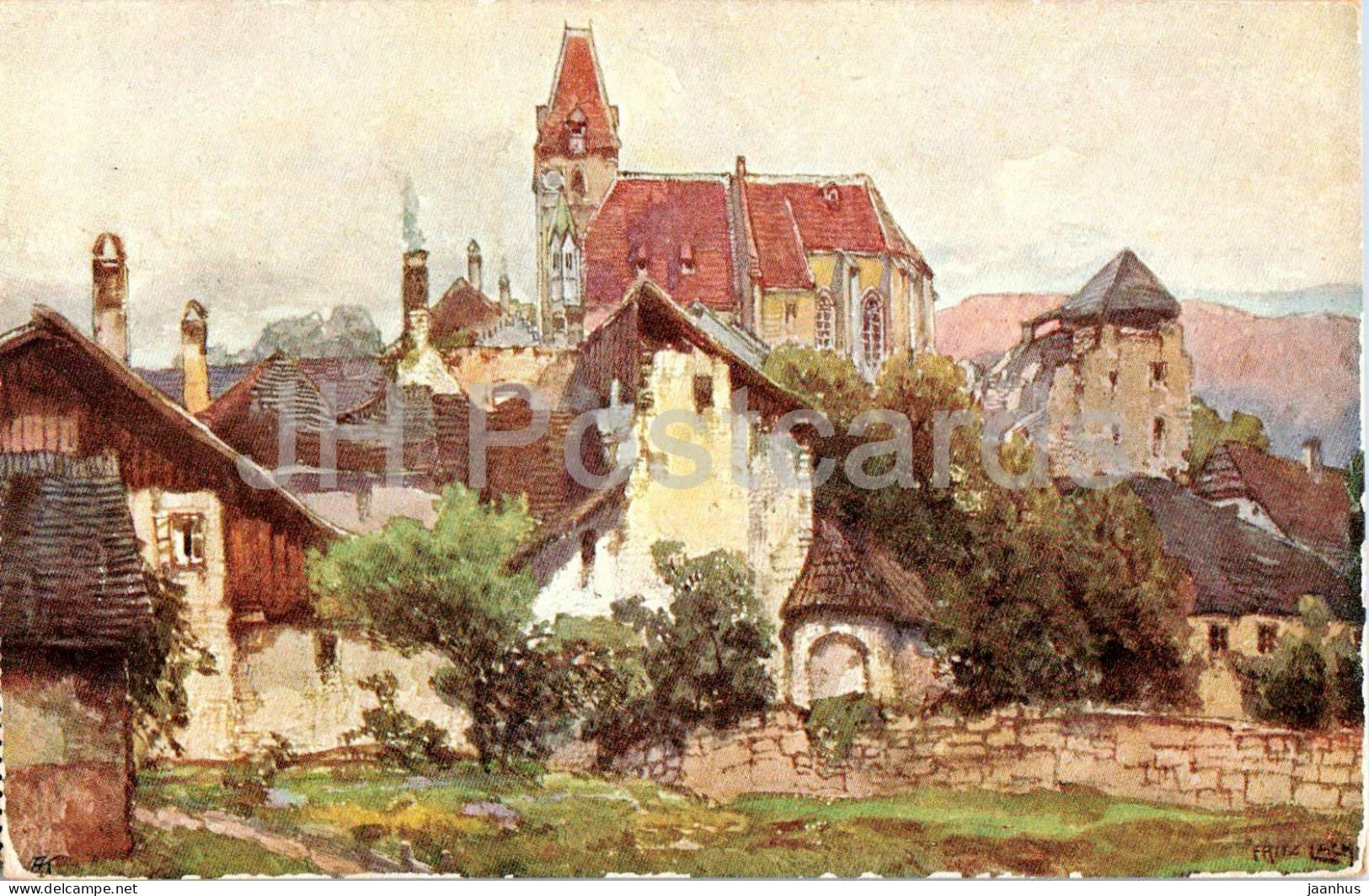 Weissenkirchen an der Donau - Church and village view - Nibelungenweg - illustration - old postcard - Austria - unused - JH Postcards