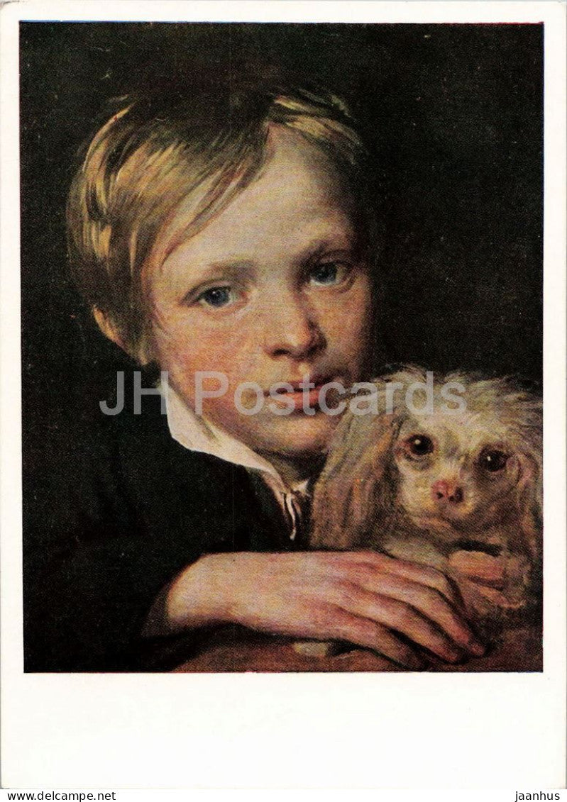 painting by Alexander Varnek - Boy with a Lapdog - dog - Russian art - 1964 - Russia USSR - used - JH Postcards