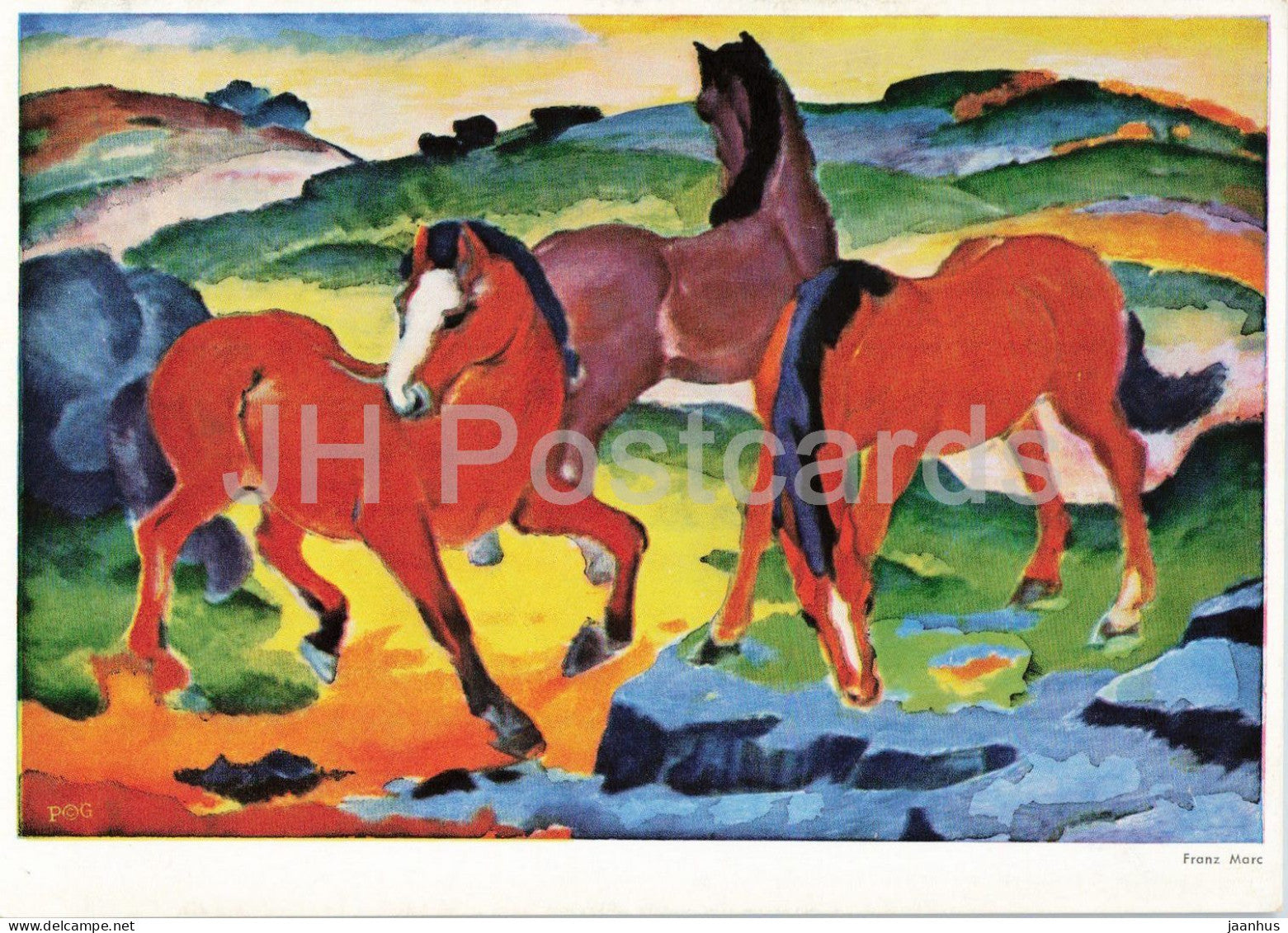 painting by Franz Marc - Red Horses - animals - German art - Germany - unused - JH Postcards