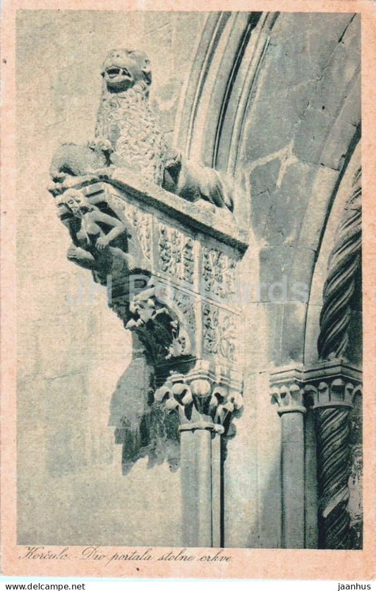 Korcula - Dio portala stolne crkve - Part of the Cathedral Portal - lion sculpture old postcard - 1923 - Croatia - used - JH Postcards