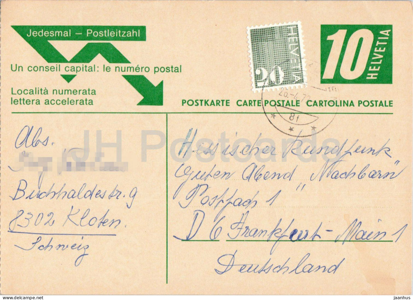 Guten Abend Nachbarn - Hessischer Rundfunk - postal stationery - 139 - 1972 - Switzerland - used - JH Postcards