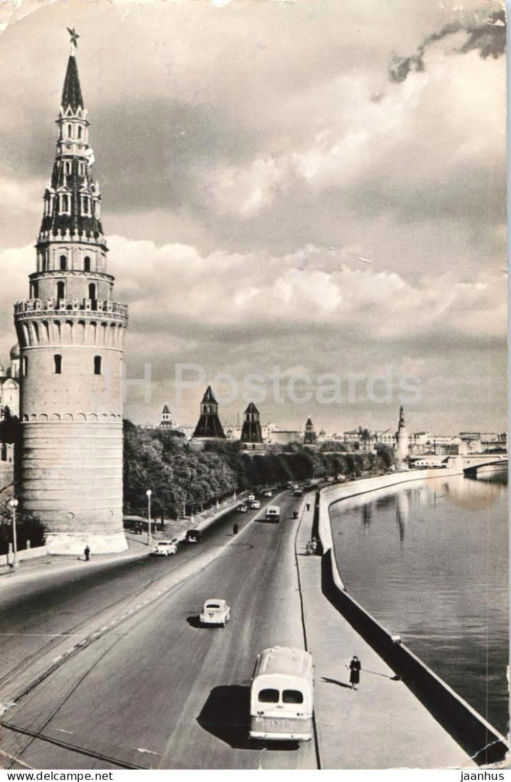 Moscow - View of Kremlin Embankment - tower - river road - bus - old postcard - 1960 - Russia USSR - used - JH Postcards