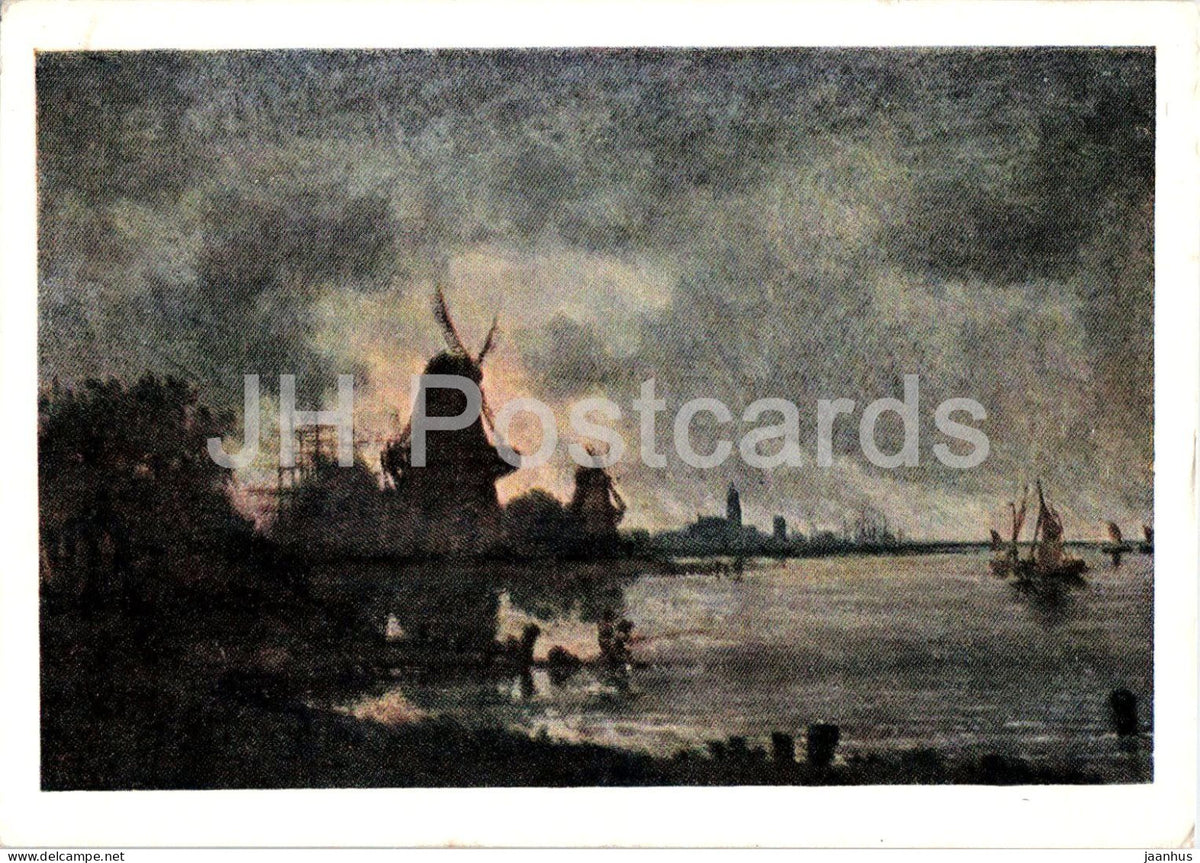 painting by Narcisse Diaz de la Pena - Landscape with a Windmill - boat - French art - 1958 - Russia USSR - unused - JH Postcards
