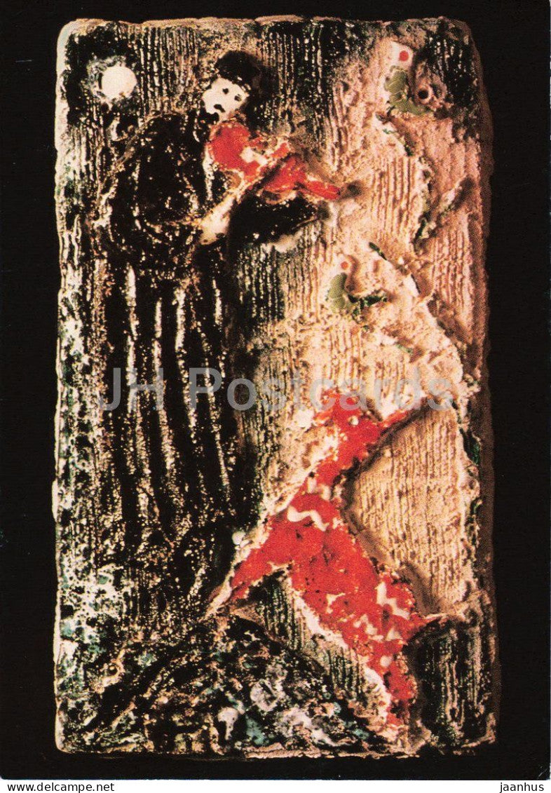 art by Anatoli Kaplan - The Violinist - Der Geiger - ceramic relief - Russian art - 1970 - Germany DDR - unused - JH Postcards