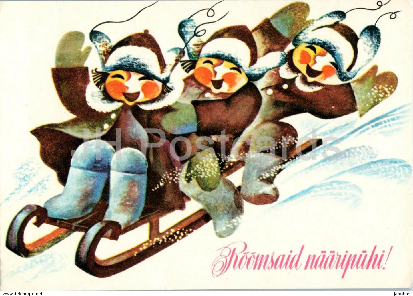 New Year Greeting Card by I. Raudsepp - Merry Yuletide - children sledding - illustration - 1977 - Estonia USSR - unused - JH Postcards