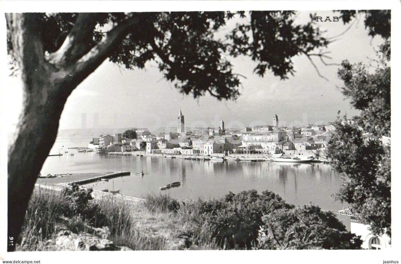 Rab - city view - harbor - towers - 911 - old postcard - Croatia - unused - JH Postcards