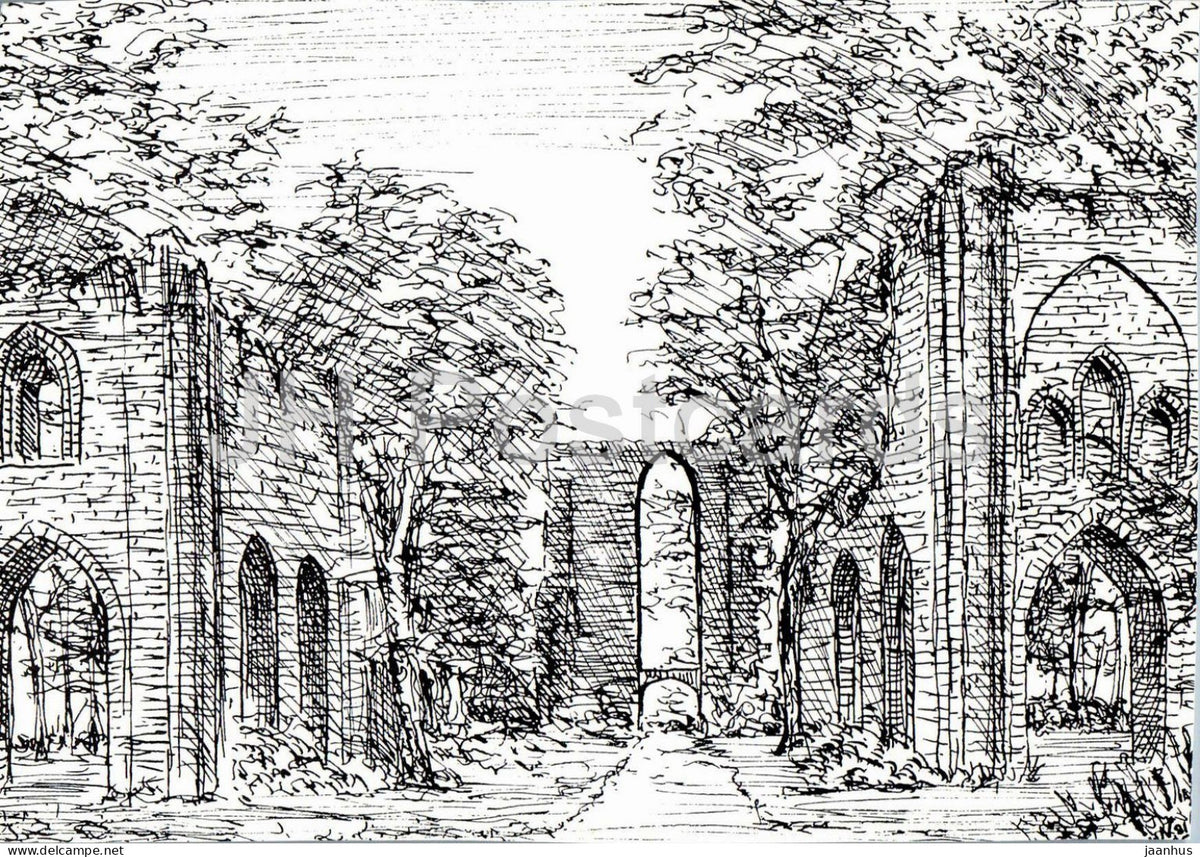 drawing by M. Niebergall - Eldena Abbey Ruins near Greifswald - German art - Germany - unused - JH Postcards