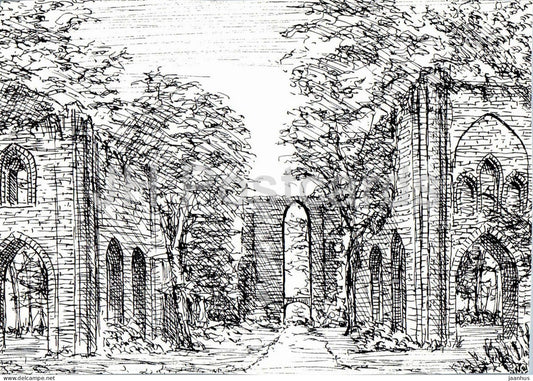drawing by M. Niebergall - Eldena Abbey Ruins near Greifswald - German art - Germany - unused - JH Postcards