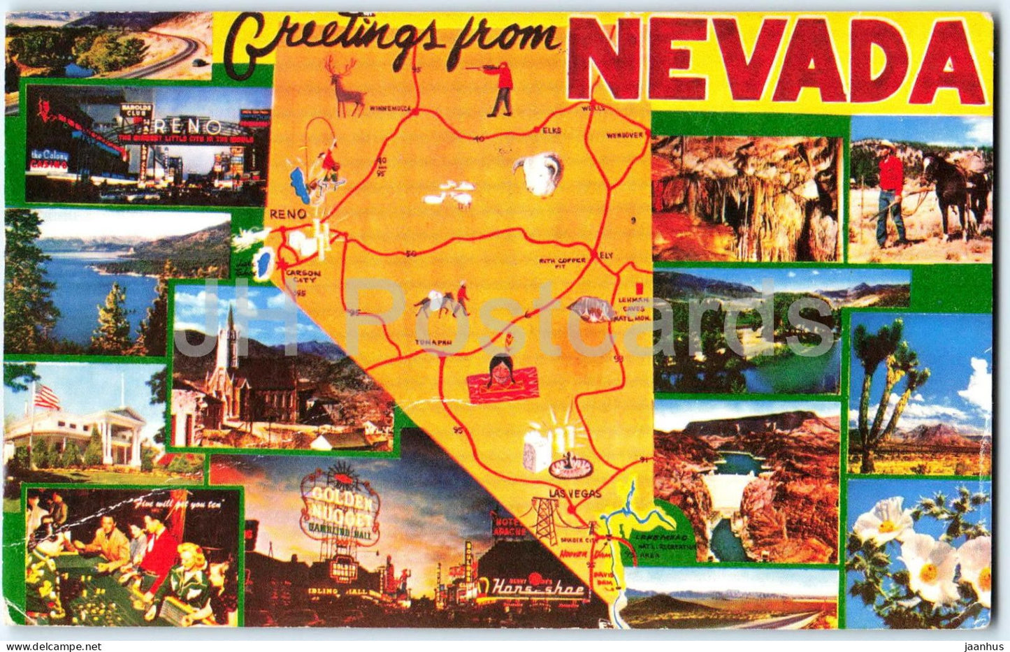 Greetings From Nevada - Map - Multiview - Reno - Las Vegas - Hoover Dam - USA - used - JH Postcards
