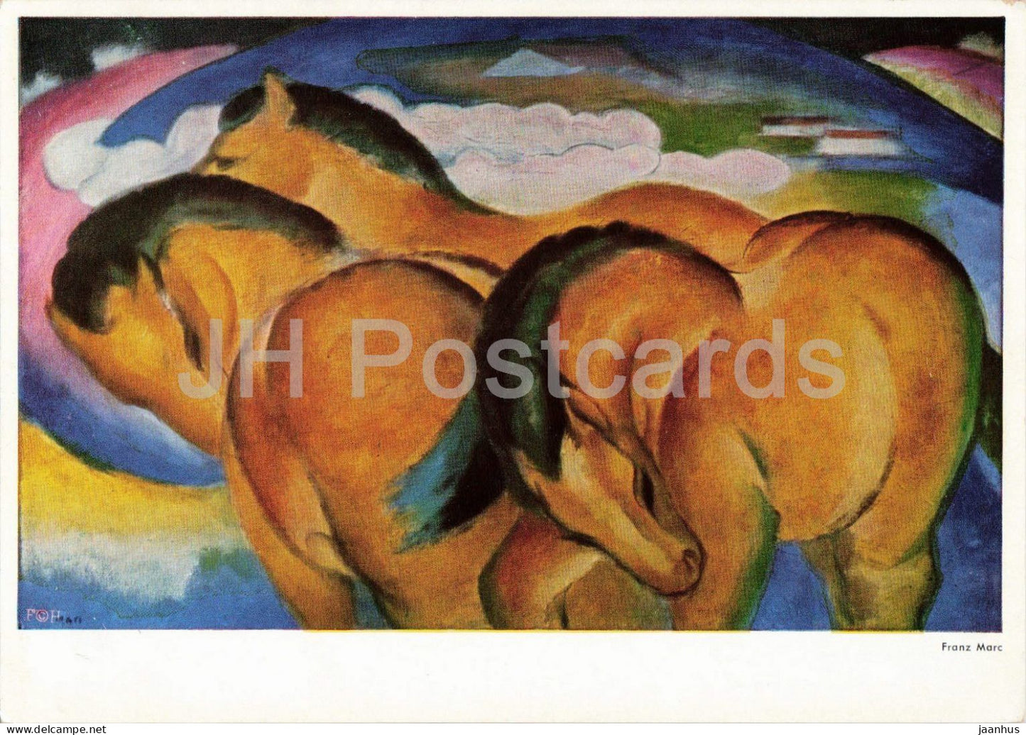 painting by Franz Marc - Yellow Horses - horse - animals - German art - Germany - unused - JH Postcards