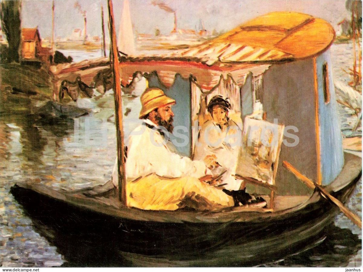 painting by Edouard Manet - Monet Painting in His Boat - boat - French art - 9042 - United Kingdom - unused - JH Postcards