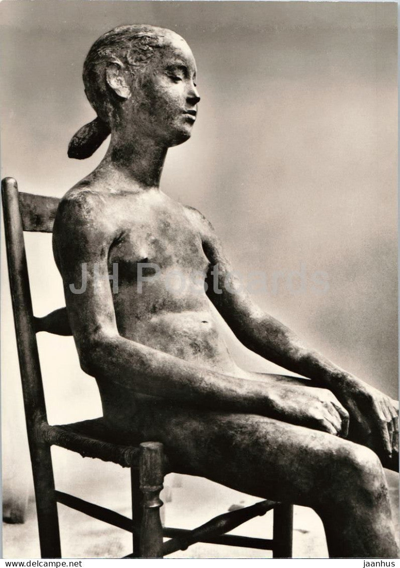 sculpture by Giacomo Manzu - Seated Girl - Sitzendes Madchen - bronze - Italian art - Germany - unused - JH Postcards
