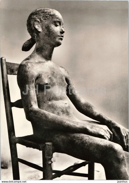 sculpture by Giacomo Manzu - Seated Girl - Sitzendes Madchen - bronze - Italian art - Germany - unused - JH Postcards