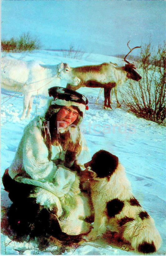 Koryak Autonomous District - Foreman's daughter - dog - animals - reindeer - folk costume - 1988 - Russia USSR - unused
