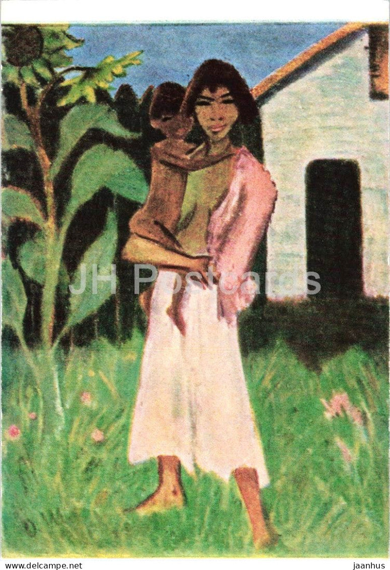 painting by Otto Mueller - A Gipsy Woman with Child - Stehende Zigeunerin mit Kind - 1960s - Germany - unused - JH Postcards