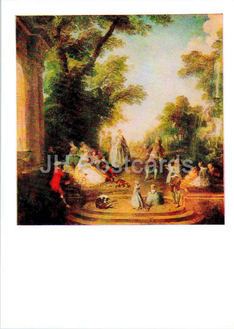 painting by Nicolas Lancret - Dancing in the palace park - French art - 1985 - Russia USSR - unused