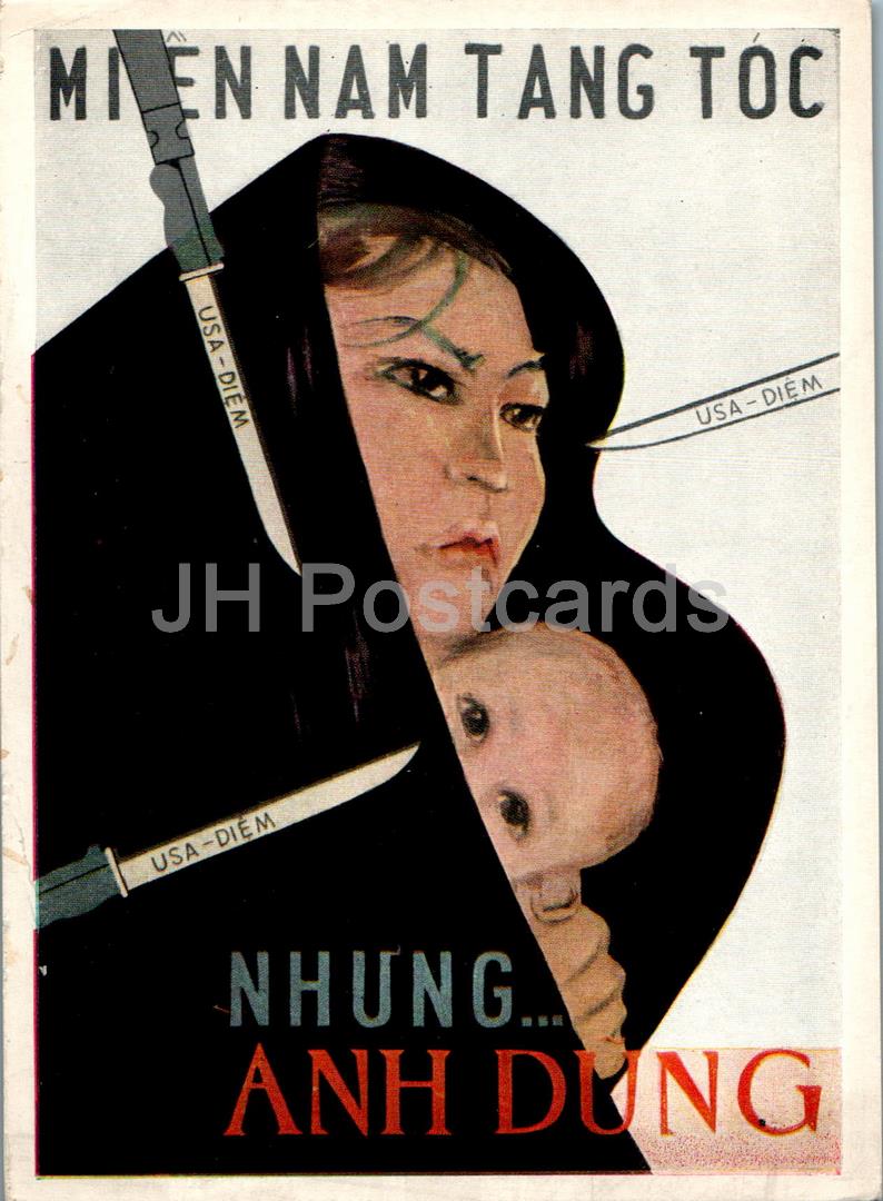 tableau de Hnu Than - Le Sud est en deuil mais plein de propagande d'héroïsme Art vietnamien - 1966 - Russie URSS - inutilisé 