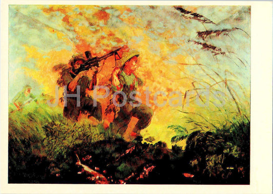painting by Le Vinh - The heroic feat of Be Van Dan - war - military - Vietnamese art - 1968 - Russia USSR - unused