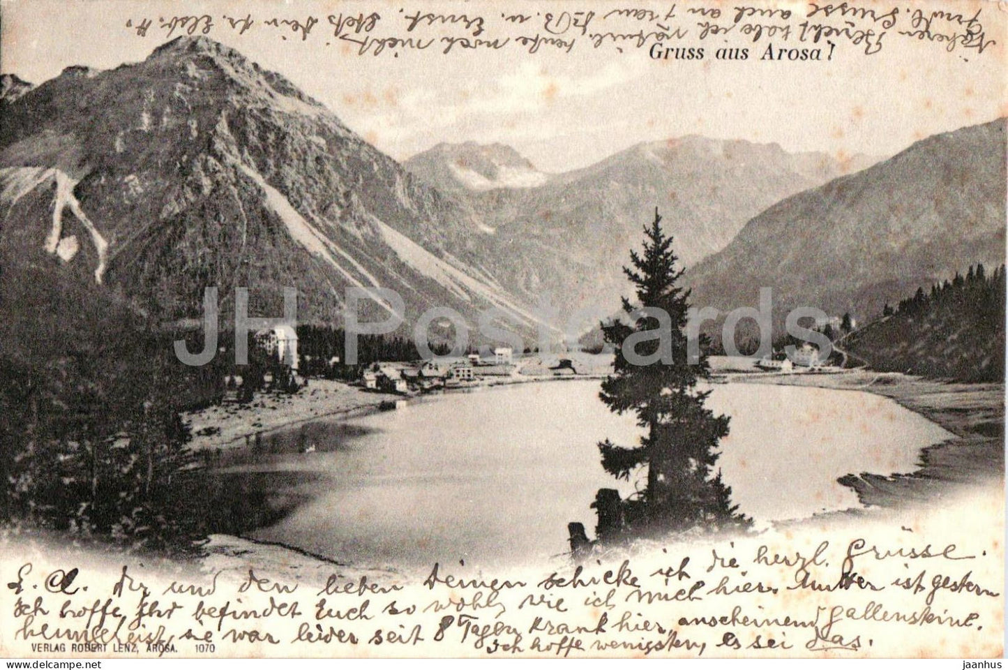 Gruss aus Arosa - lake - mountains - 1070 - old postcard - 1904 - Switzerland - used - JH Postcards