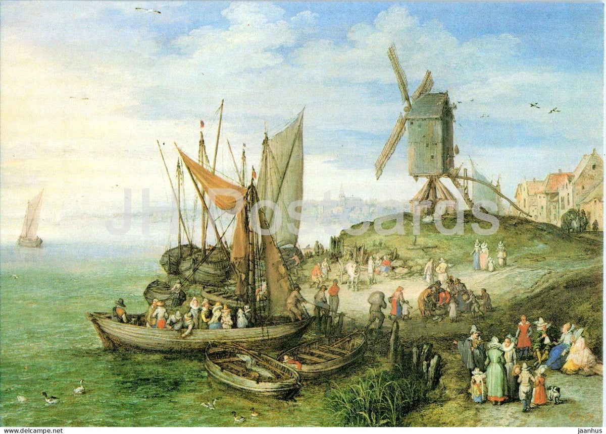 painting by Jan Breughel - The Mill at the Jetty - Muhle am Landungssteg - boat Flemish art 1982 - Switzerland - unused - JH Postcards