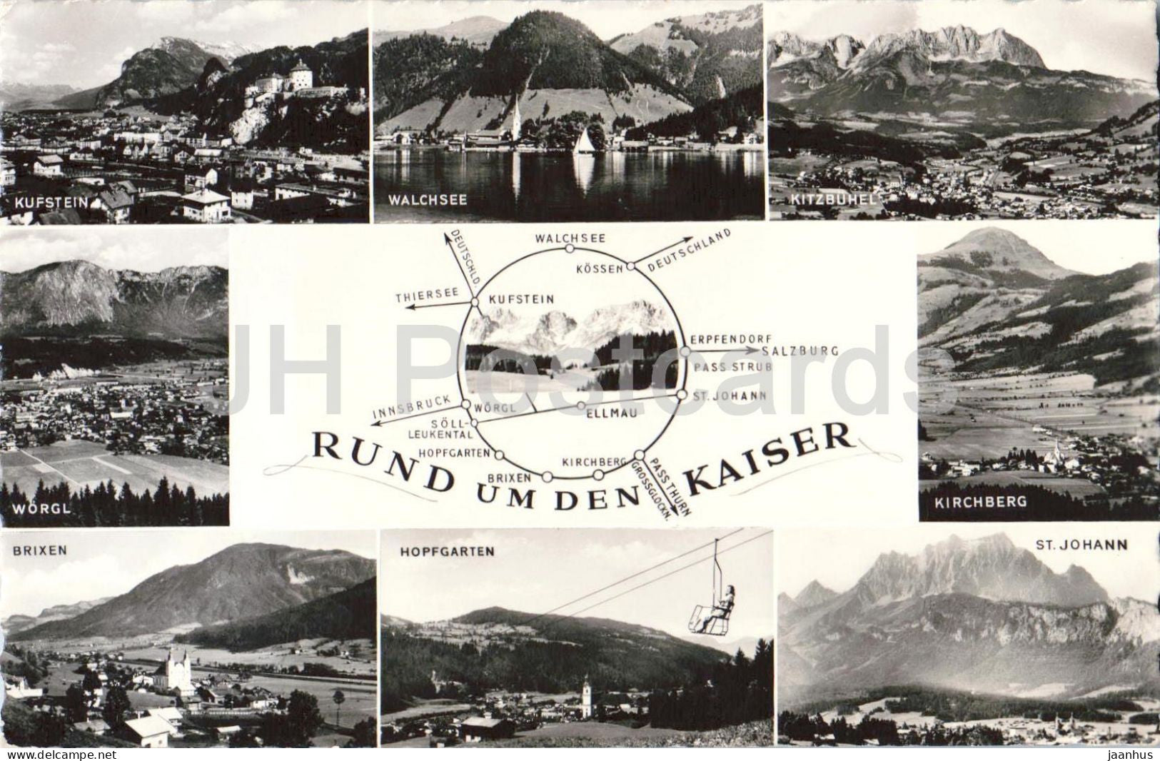 Rund um den Kaiser - Kufstein - Walchsee - Kitzbuhel - Alps - mountains - 5500 - old postcard - 1959 - Austria - used - JH Postcards