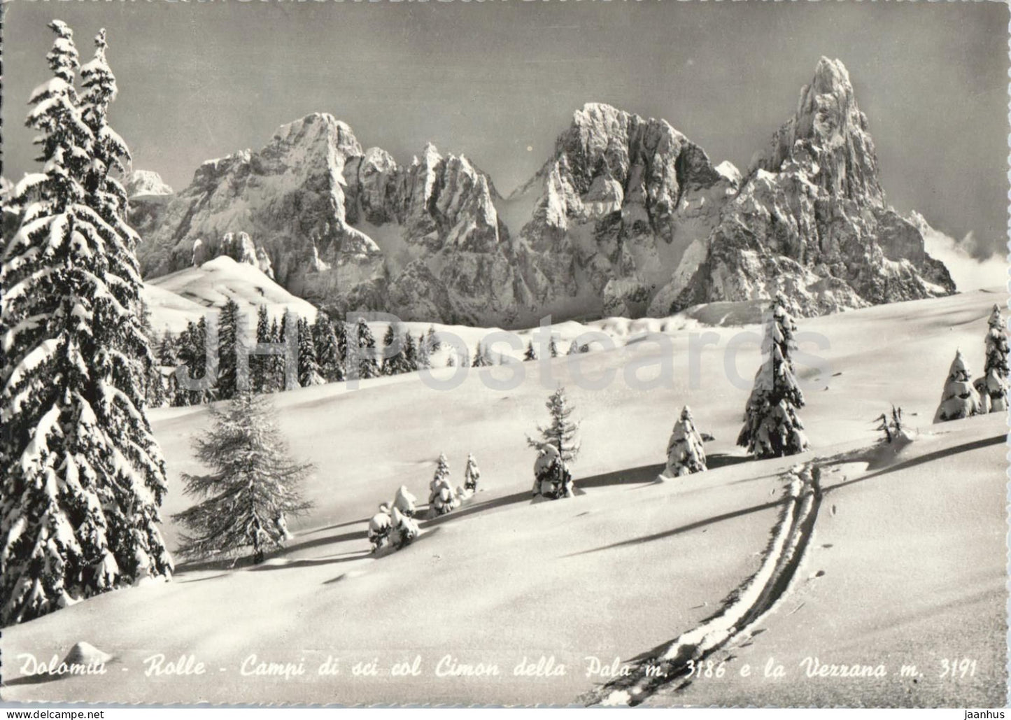 Dolomiti - Rolle - Campi di sci col Cimon della Pala e la Vezzana - mountains - Alps old postcard - 1952 - Italy - used - JH Postcards
