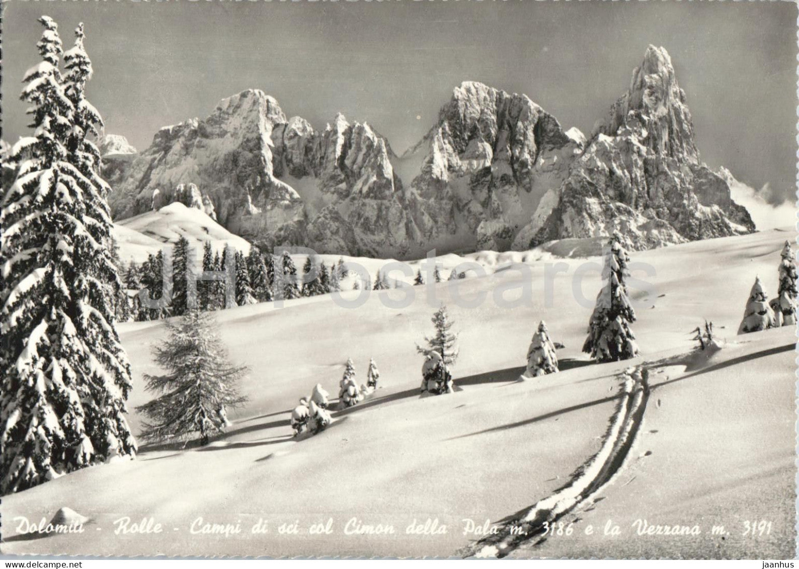 Dolomiti - Rolle - Campi di sci col Cimon della Pala e la Vezzana - mountains - Alps old postcard - 1952 - Italy - used - JH Postcards