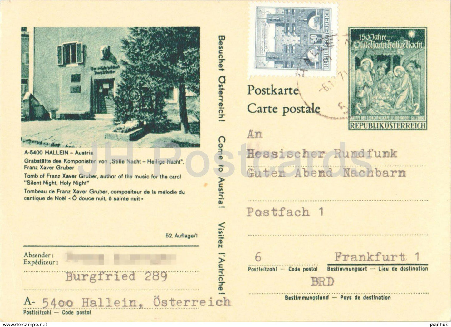 Hallein - Grabstatte Franz Xaver Gruber - Hessischer Rundfunk - composer - postal stationery - 1971 - Austria - used - JH Postcards