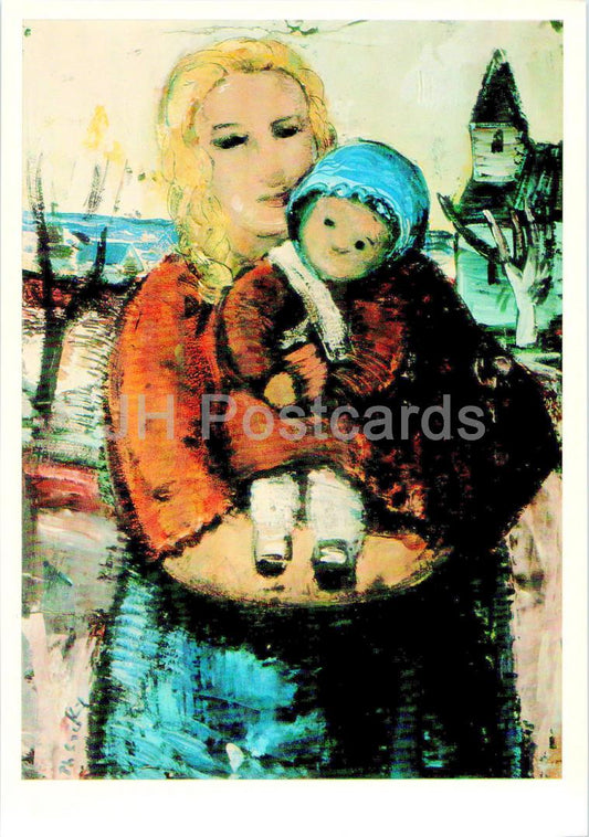Gemälde von Philibert Cockx – Mutter und Kind – Belgische Kunst – Großformatige Karte – 1974 – Russland UdSSR – unbenutzt 