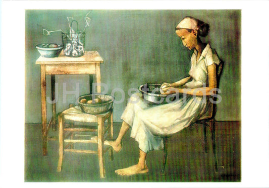 painting by Hakob Hakobian - Housewife - peeling potatoes Armenian art - Large Format Card - 1975 - Russia USSR - unused