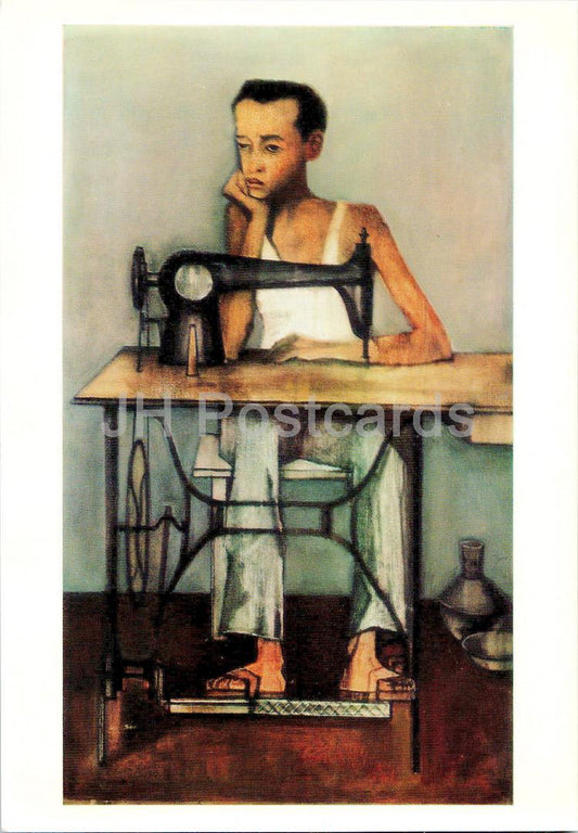 painting by Hakob Hakobian - Tailor - sewing machine - Armenian art - Large Format Card - 1975 - Russia USSR - unused