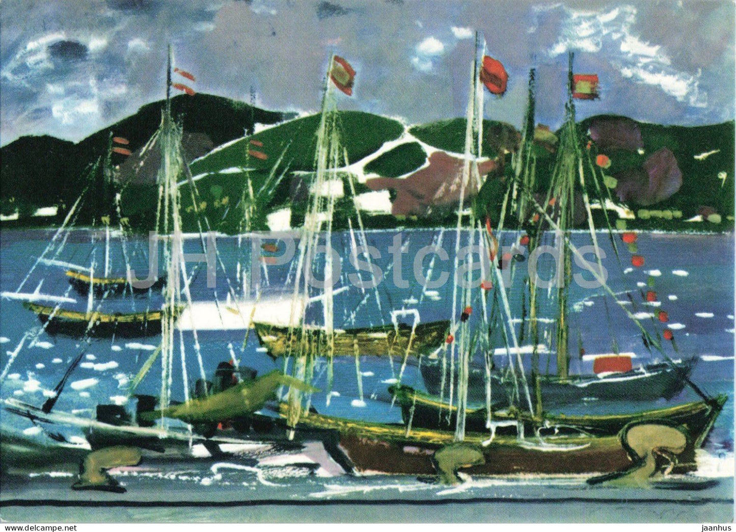 painting by Fritz Heidingsfeld - Boat Harbour - Ibiza - Schiffe ship boat - German art - P 83 - 1959 - Germany - unused - JH Postcards