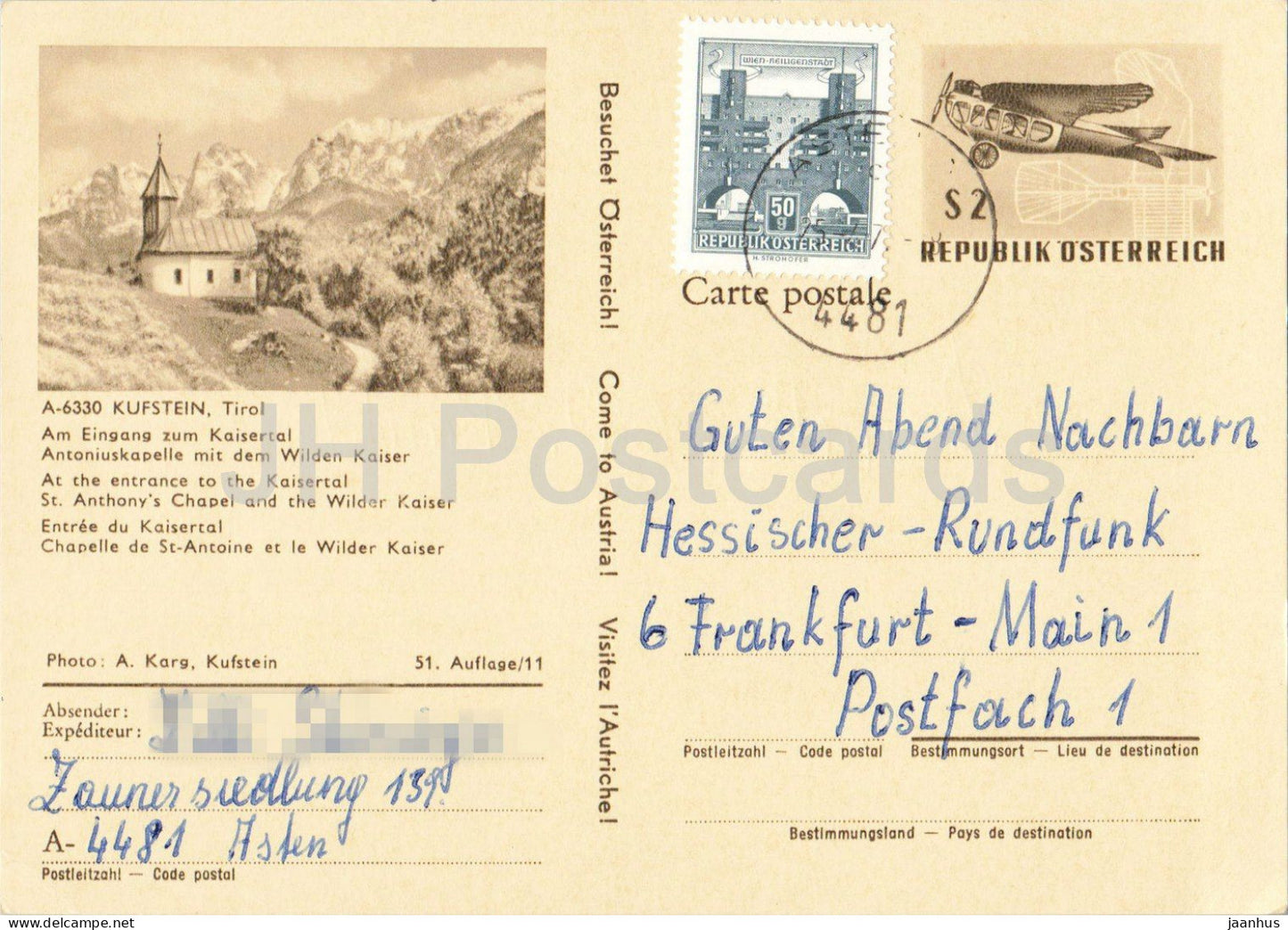 Kufstein - Tirol - Hessischer Rundfunk - mountain chapel - alpine landscape - postal stationery - 1972 - Austria - used - JH Postcards