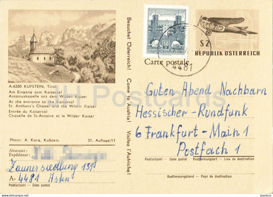 Kufstein - Tirol - Hessischer Rundfunk - mountain chapel - alpine landscape - postal stationery - 1972 - Austria - used - JH Postcards