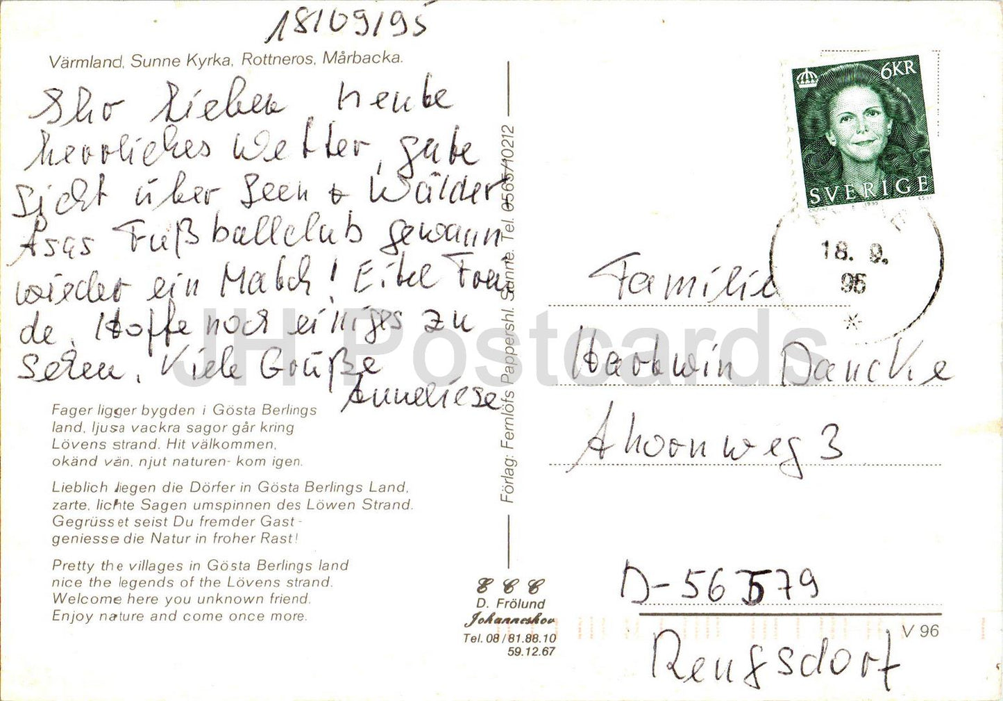 Varmland - Sunne Kyrka - Rottenros - Marbacka - castle - church - multiview - V 96 - 1995 - Sweden - used