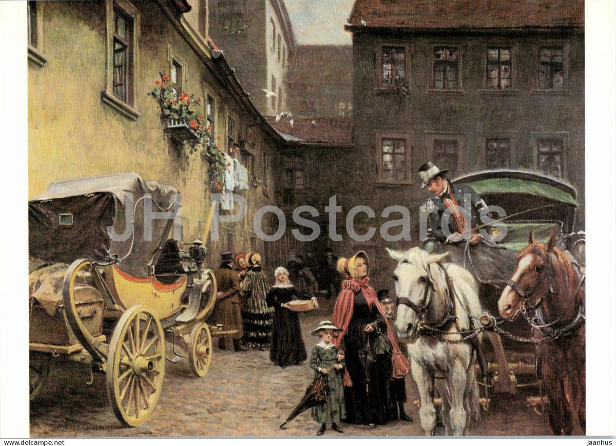 painting by P. F. Messerschmitt - Bamberg Mail Coach Station - Bamberger Posthof - horse - 1983 - Germany - unused - JH Postcards