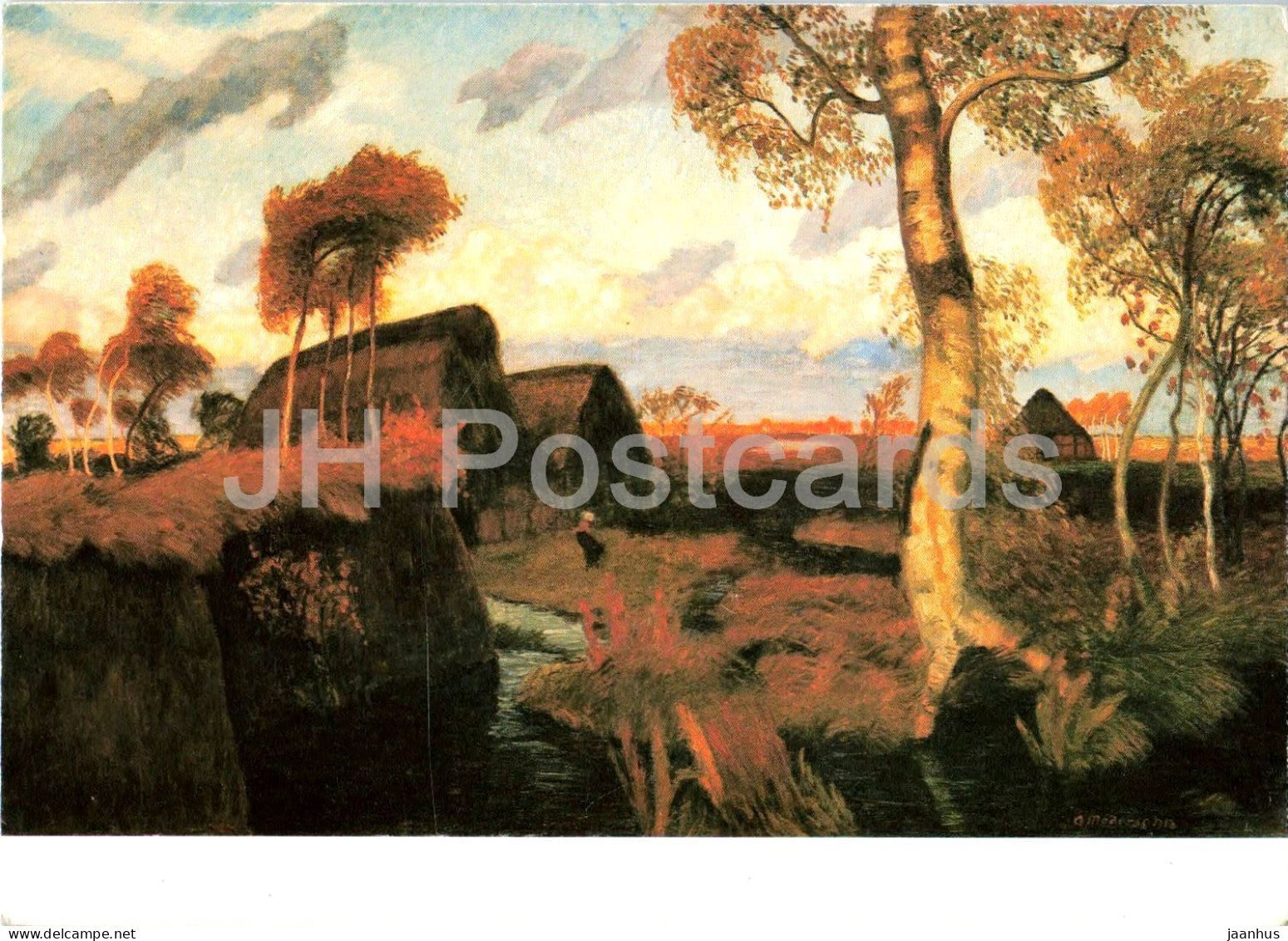 painting by Otto Modersohn - Moor Cottages and Birches - Moor Katen und Birken - German art - 1983 - Germany - used - JH Postcards