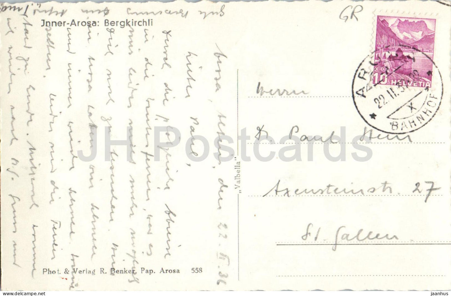 Inner Arosa - Bergkirchli - Mountain church - 558 - old postcard - 1936 - Switzerland - used
