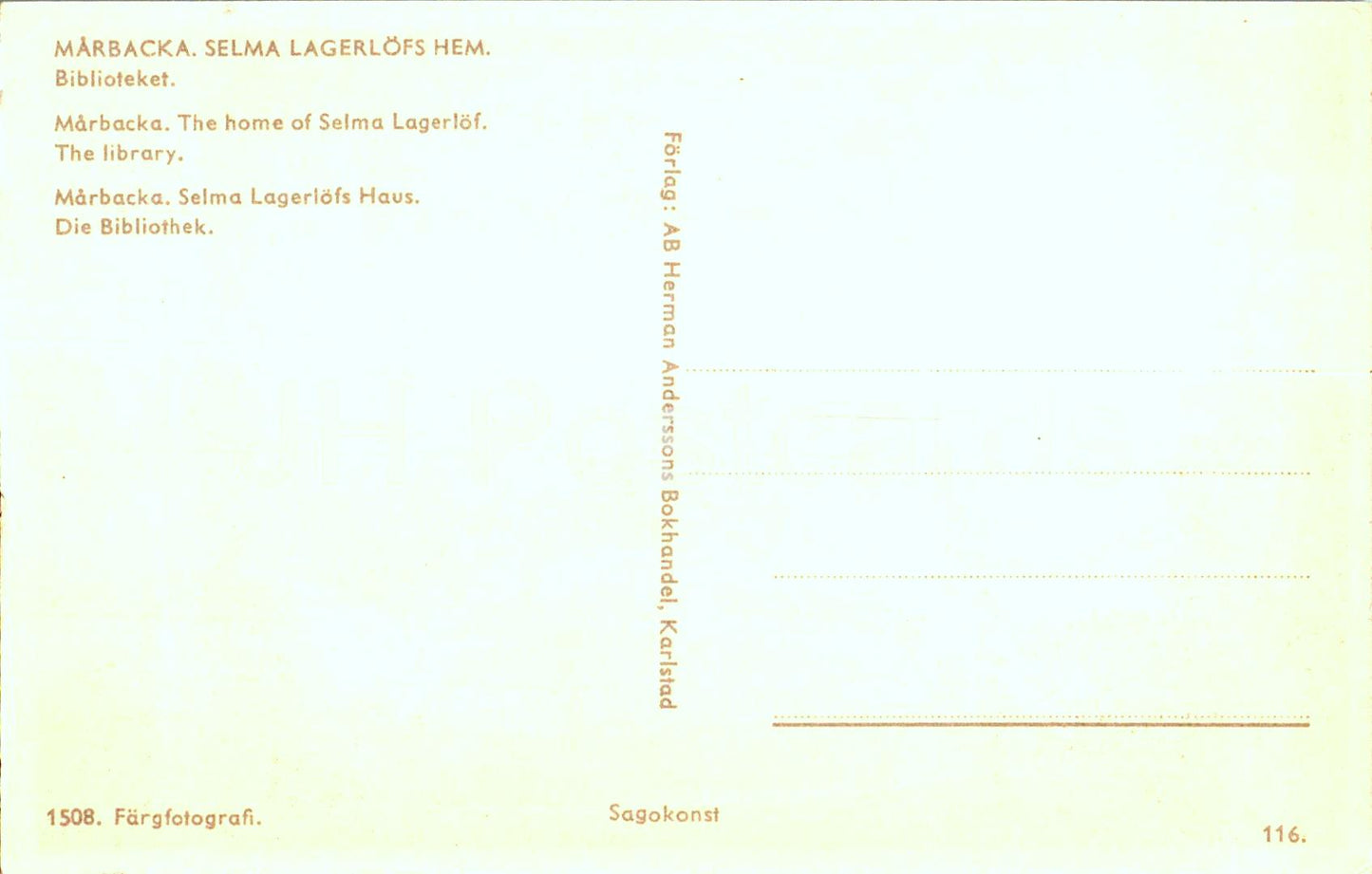 Marbacka - Selma Lagerlofs Hem - Biblioteket - Selma Lagerlof Library - 116 - carte postale ancienne - Suède - inutilisée 