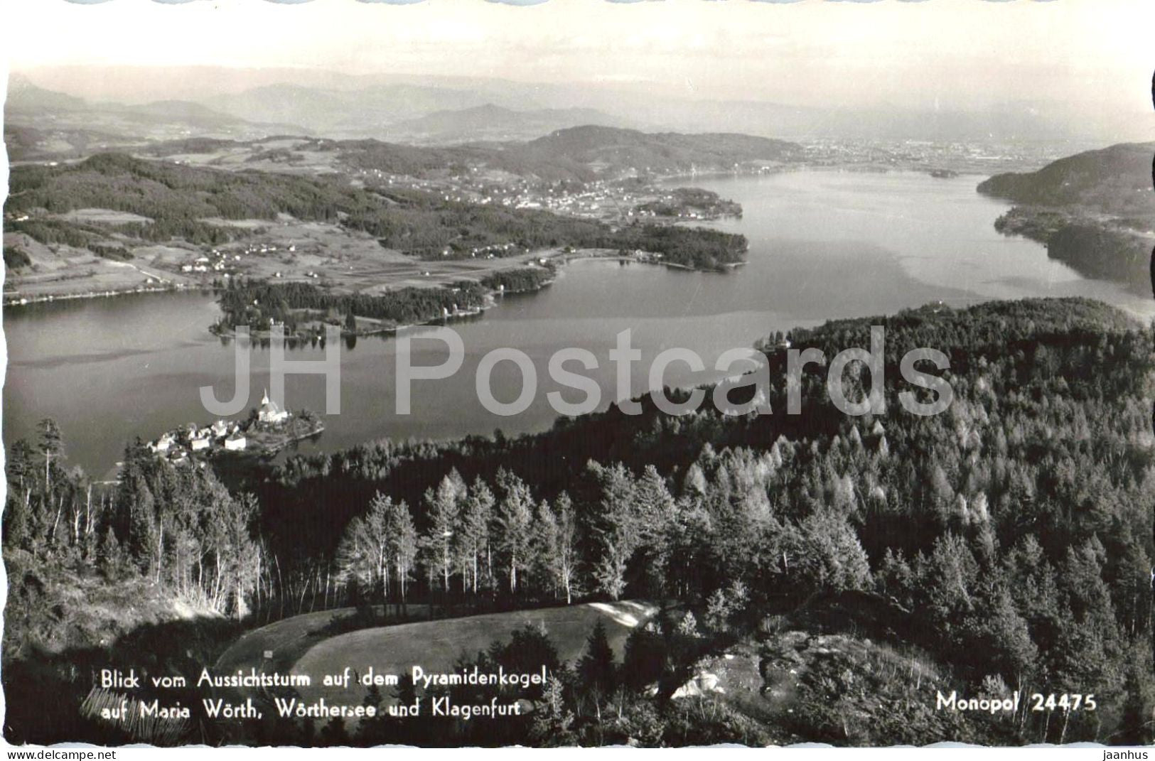 Blick vom Aussichtsturm auf dem Pyramidenkogel auf Maria Worth - Alps - 24475 - old postcard - 1959 - Austria - used - JH Postcards