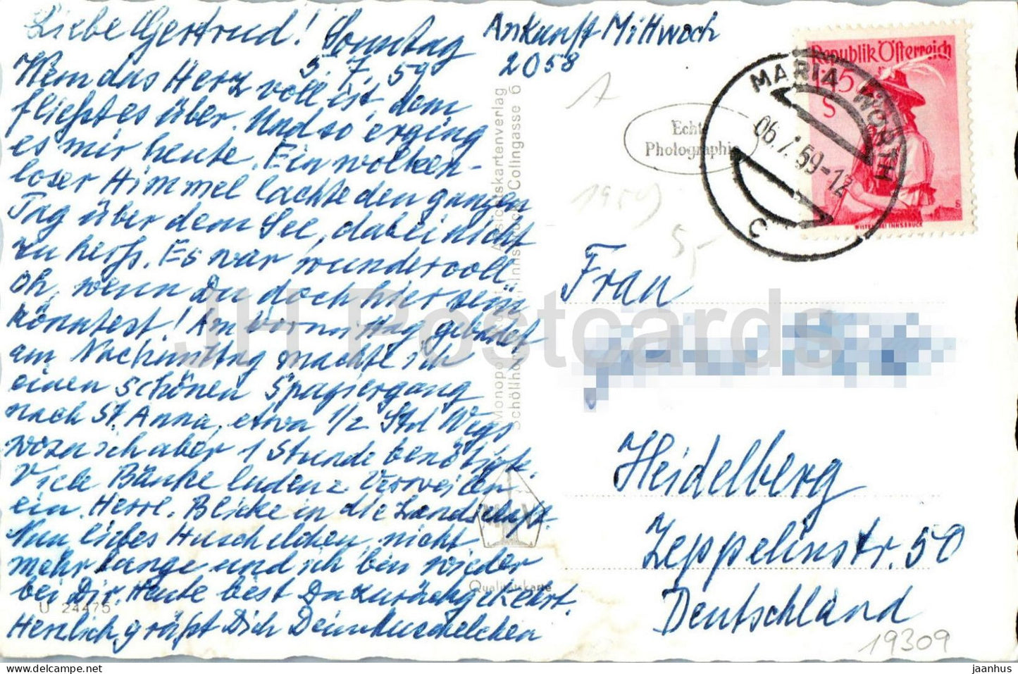 Blick vom Aussichtsturm auf dem Pyramidenkogel auf Maria Worth - Alps - 24475 - old postcard - 1959 - Austria - used