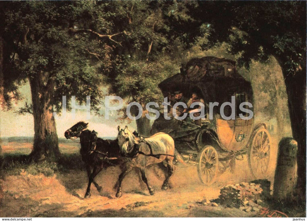 painting by Wilhelm von Diez - Bavarian Mail Coach on the Road 1864 - Postkutsche - horse - 1983 - Germany - unused - JH Postcards